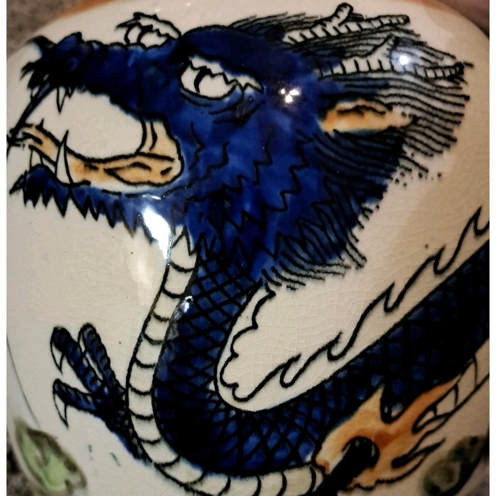 Vintage Ceramic‎ Lamp With Painted Blue Dragon With Orange And Green Accents.